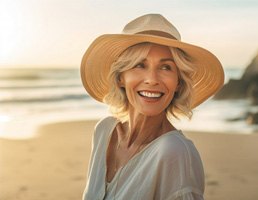 a woman smiling with dentures at the beach