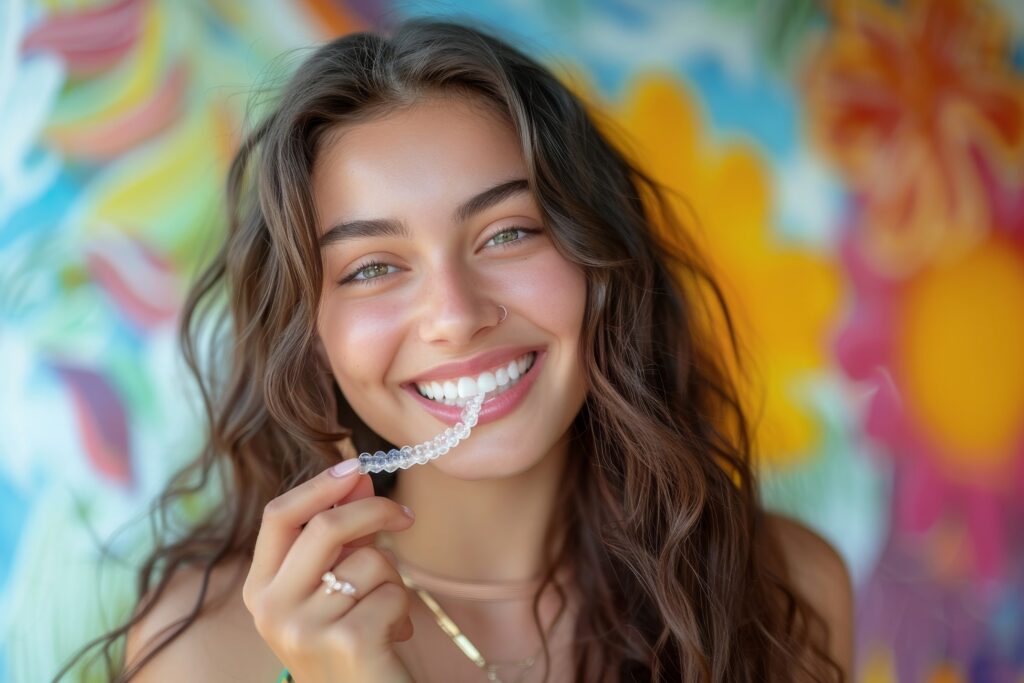Woman smiling while holding clear aligner outside